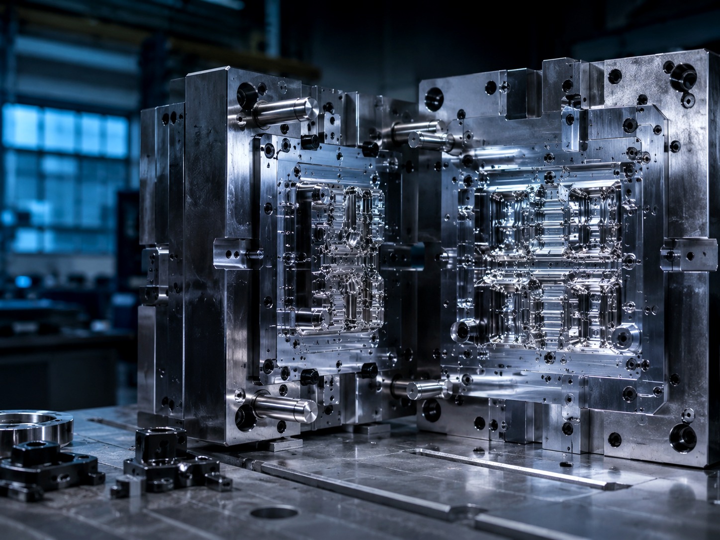 Precision steel injection mould tooling on a bright industrial workbench