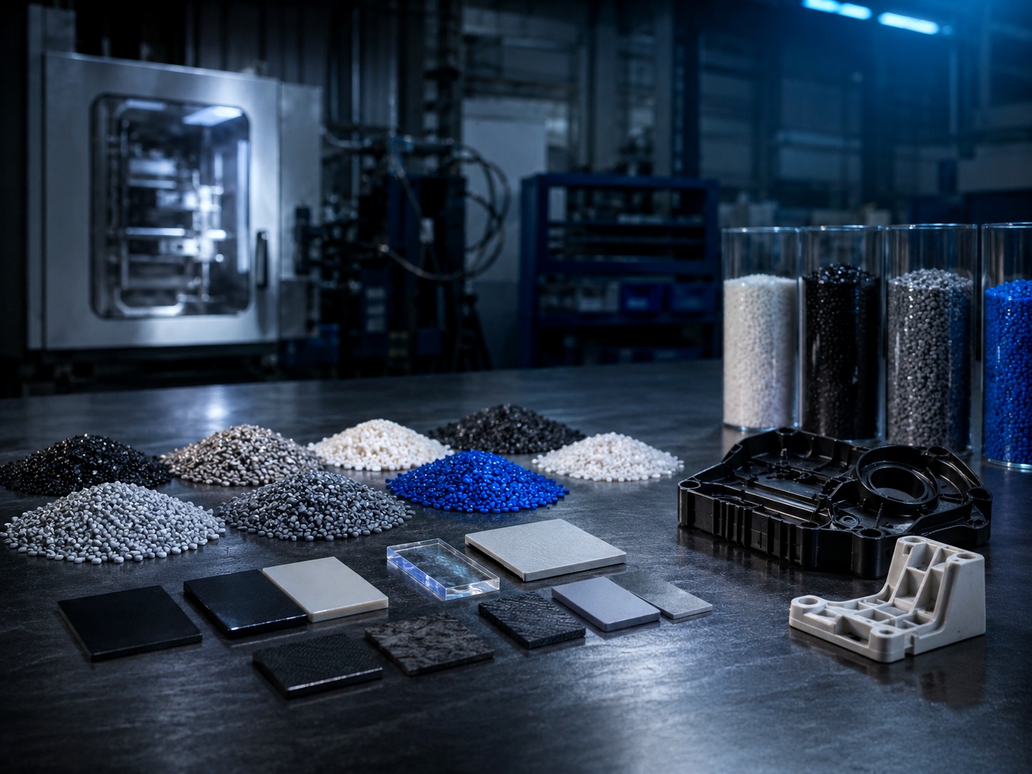Plastic resin and moulded sample components prepared for material behaviour review