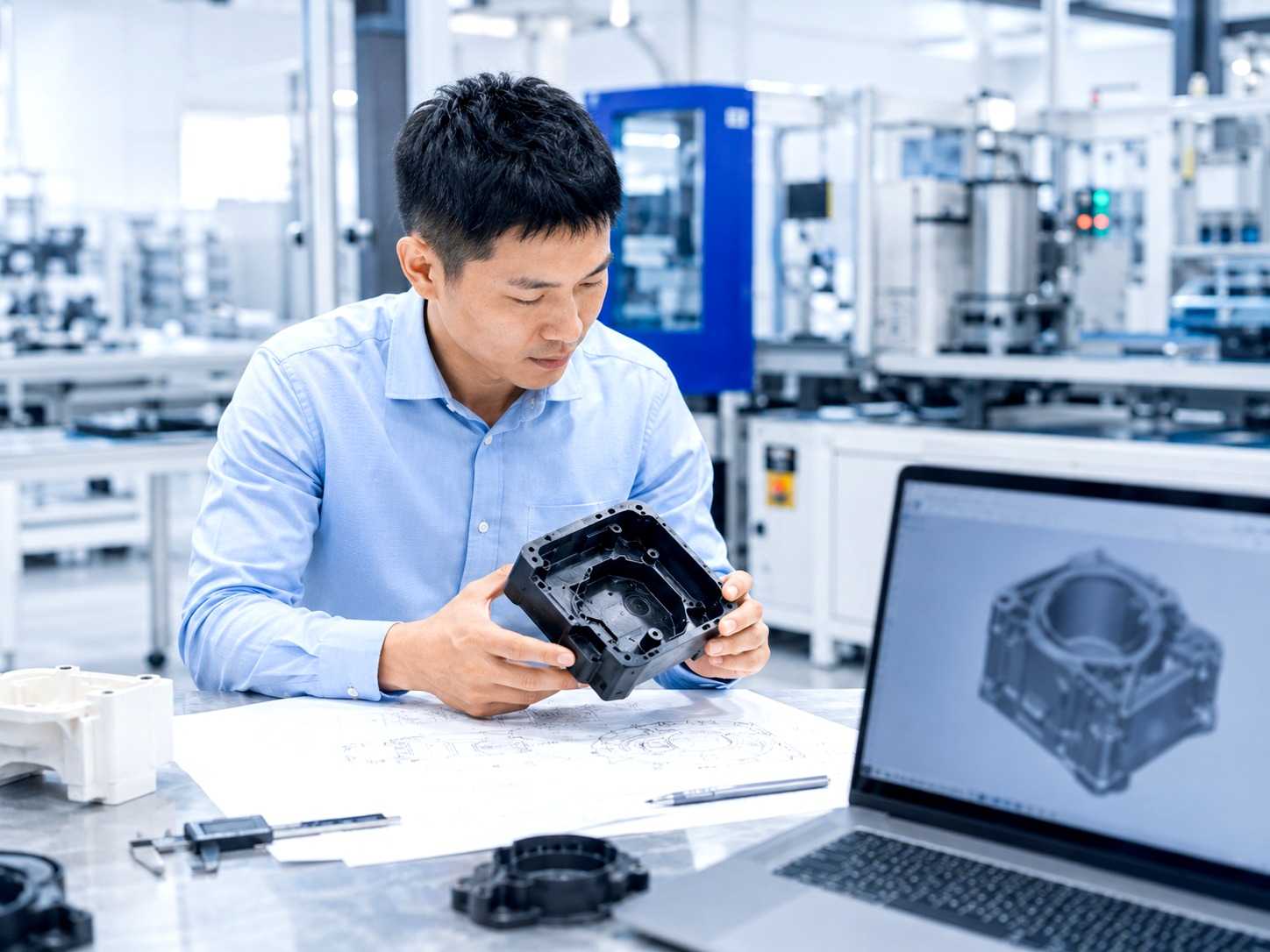 Engineer inspecting moulded part details for tolerance and quality expectations