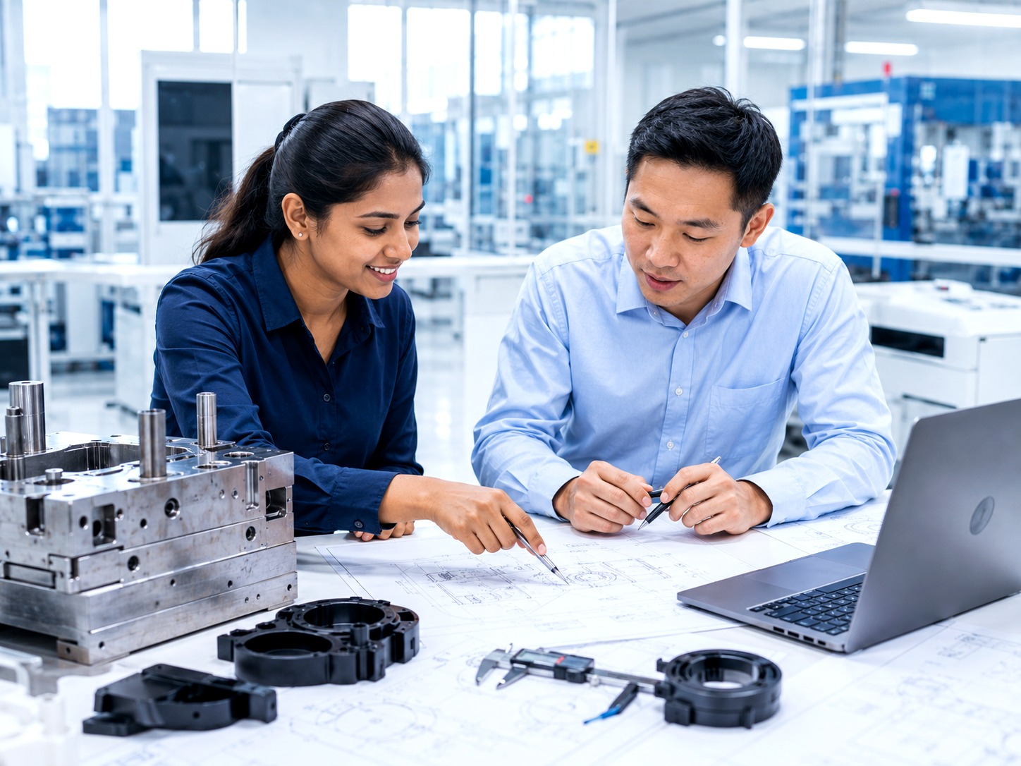 Diverse engineering review session discussing injection moulding DFM and RFQ preparation