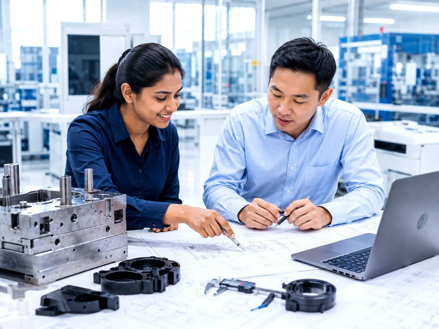 Diverse engineering team reviewing injection moulding project route, files, and manufacturing requirements