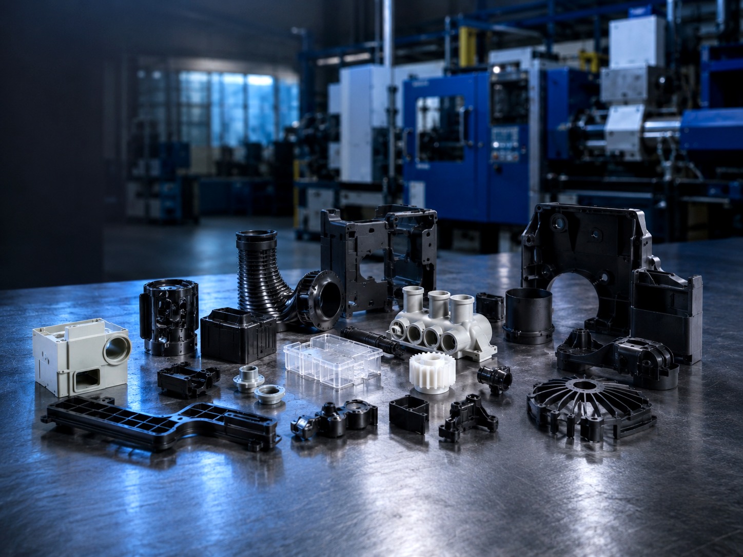 Precision industrial plastic components arranged in a professional manufacturing workspace