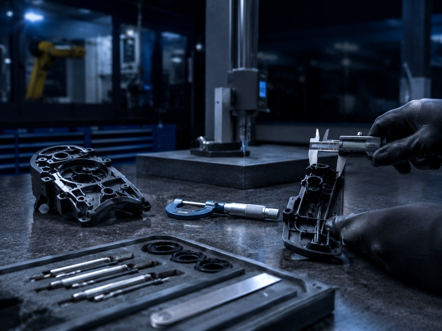 Precision measurement tools used to inspect injection moulded component details