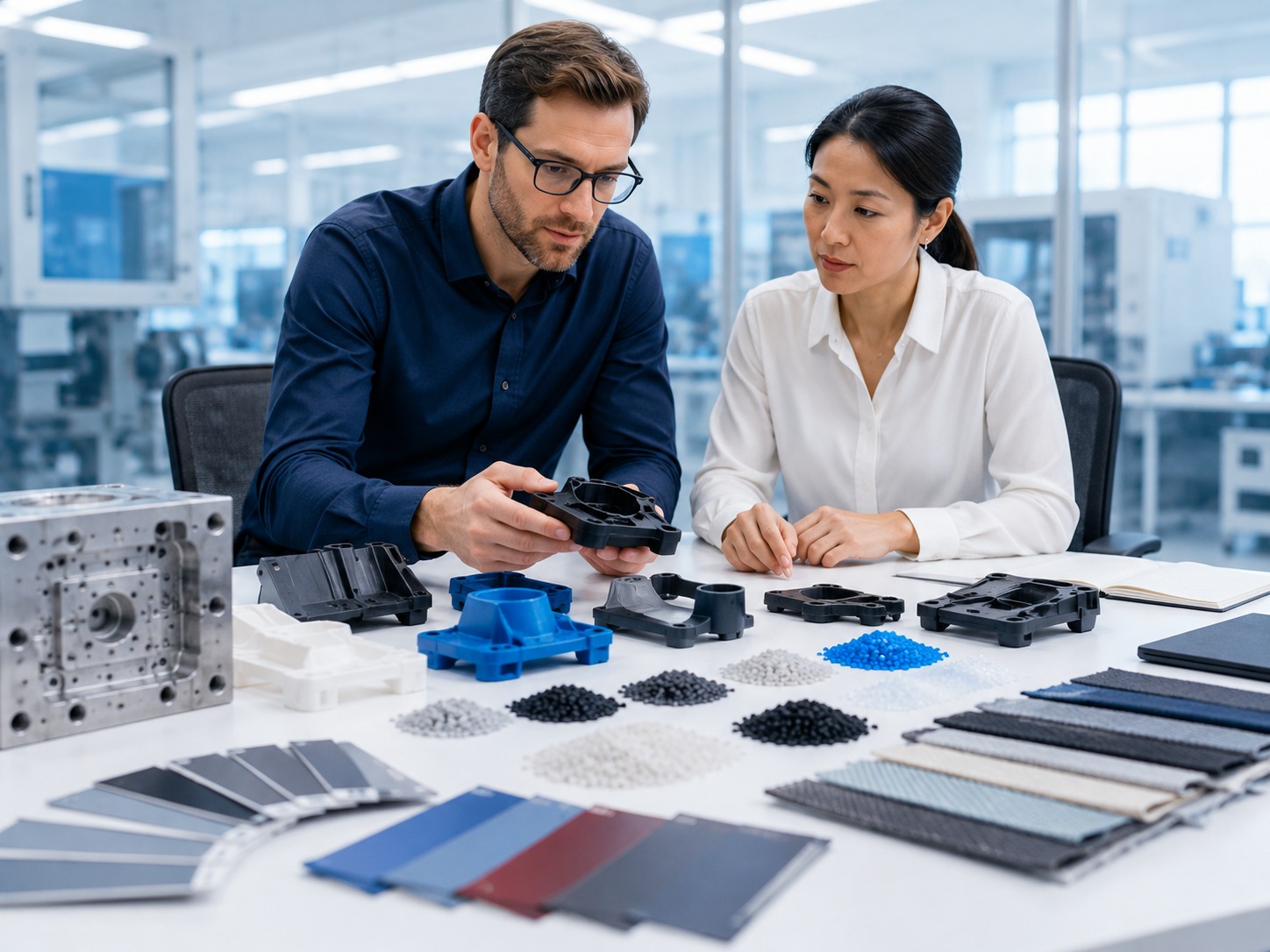 Injection moulding product samples, material swatches, resin pellets, and moulded parts arranged for project readiness review