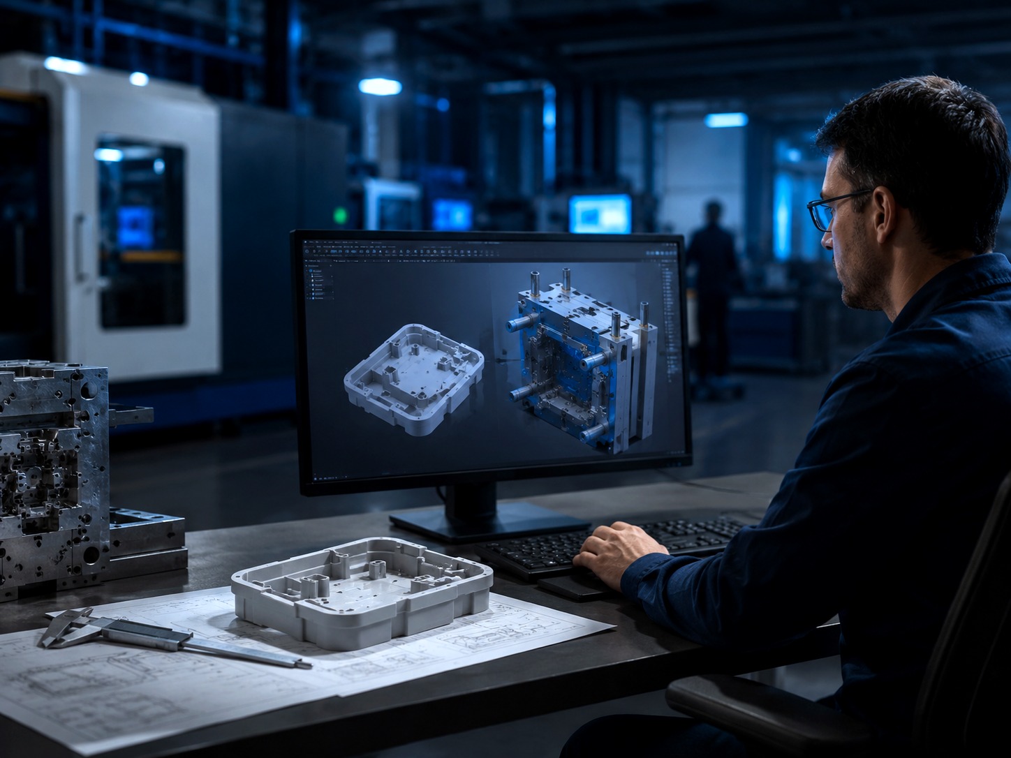 Engineer reviewing drawings and injection moulding project details in a bright industrial workspace