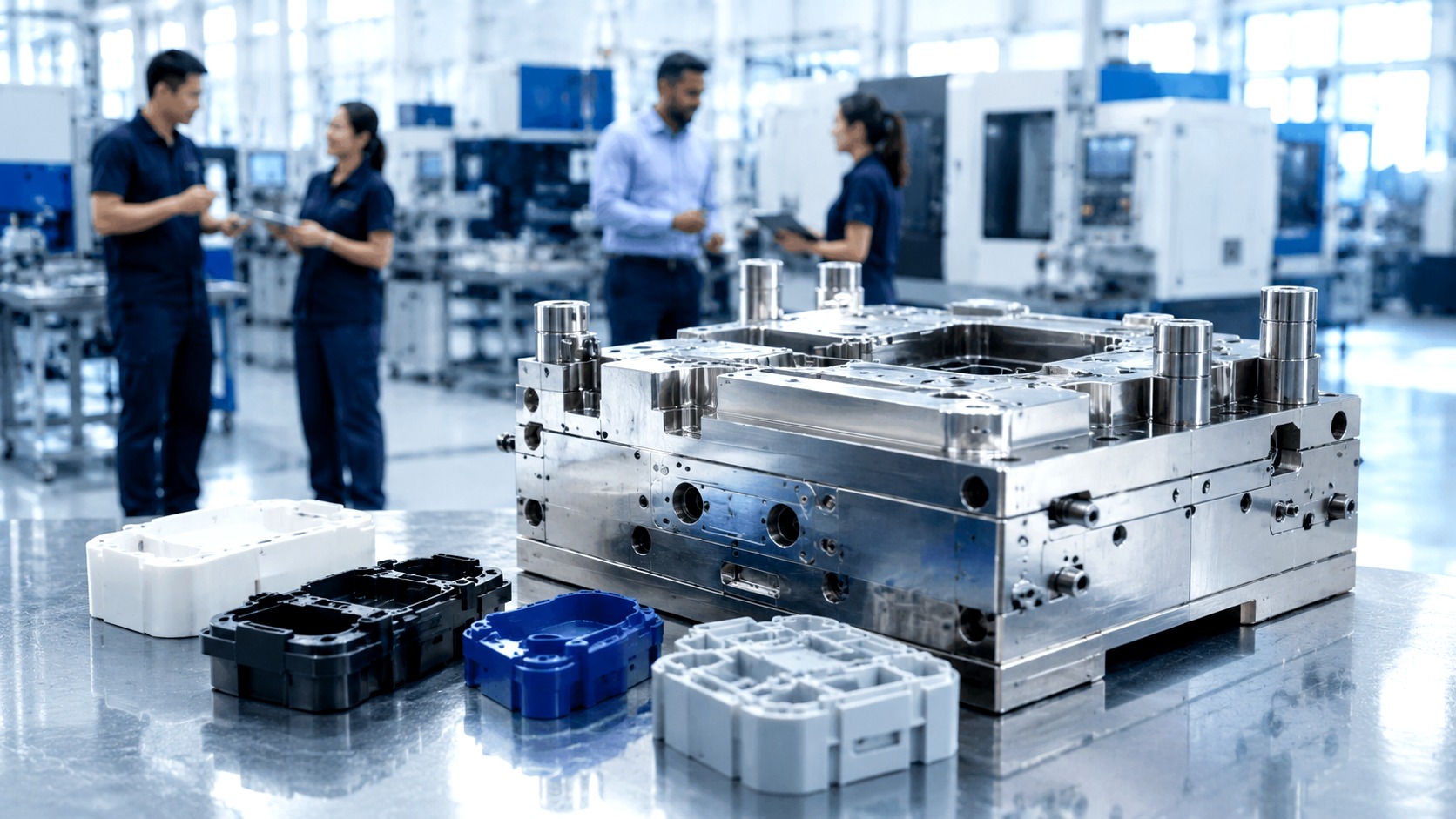 Multi-racial manufacturing team reviewing injection moulding resource guidance, project files, and next steps